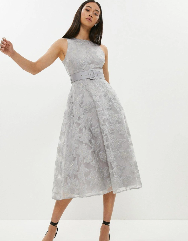 Belted Organza Jacquard Full Skirted Midi Dress