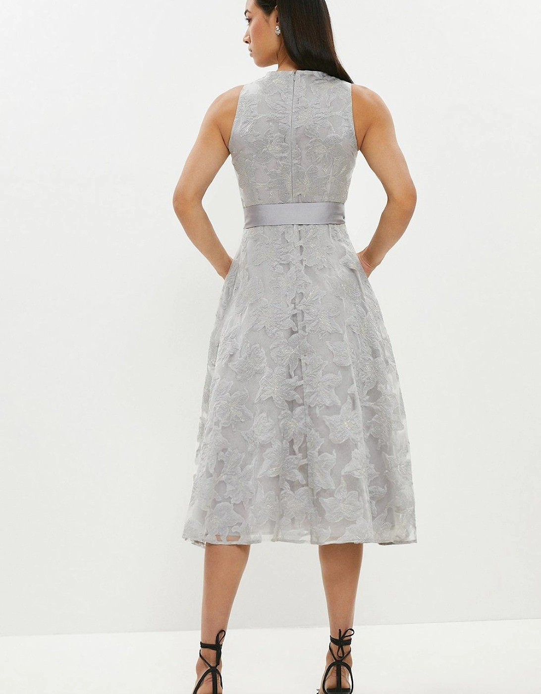 Belted Organza Jacquard Full Skirted Midi Dress