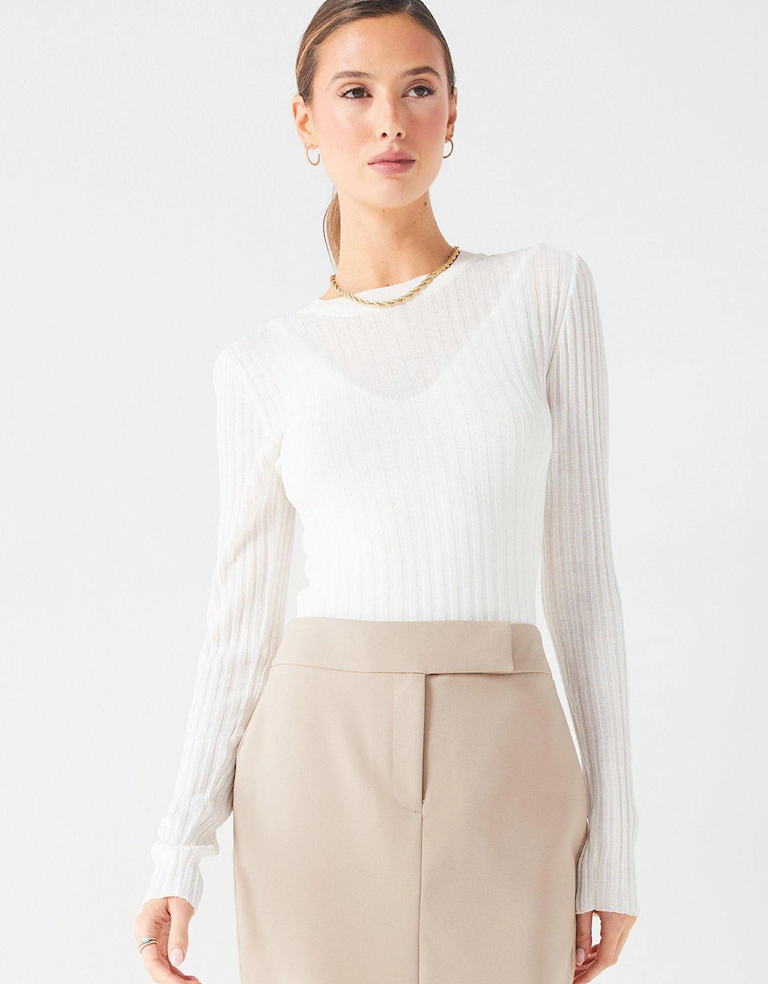2 In 1 Sheer Knitted Long Sleeve Top - White, 3 of 2