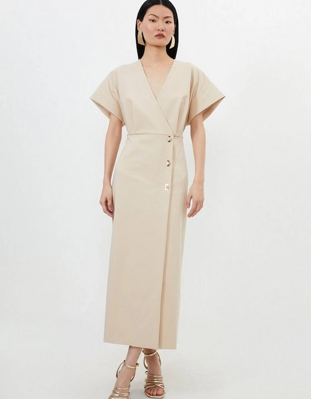 Techno Cotton Woven Midi Dress With Gold Clasp, 5 of 4