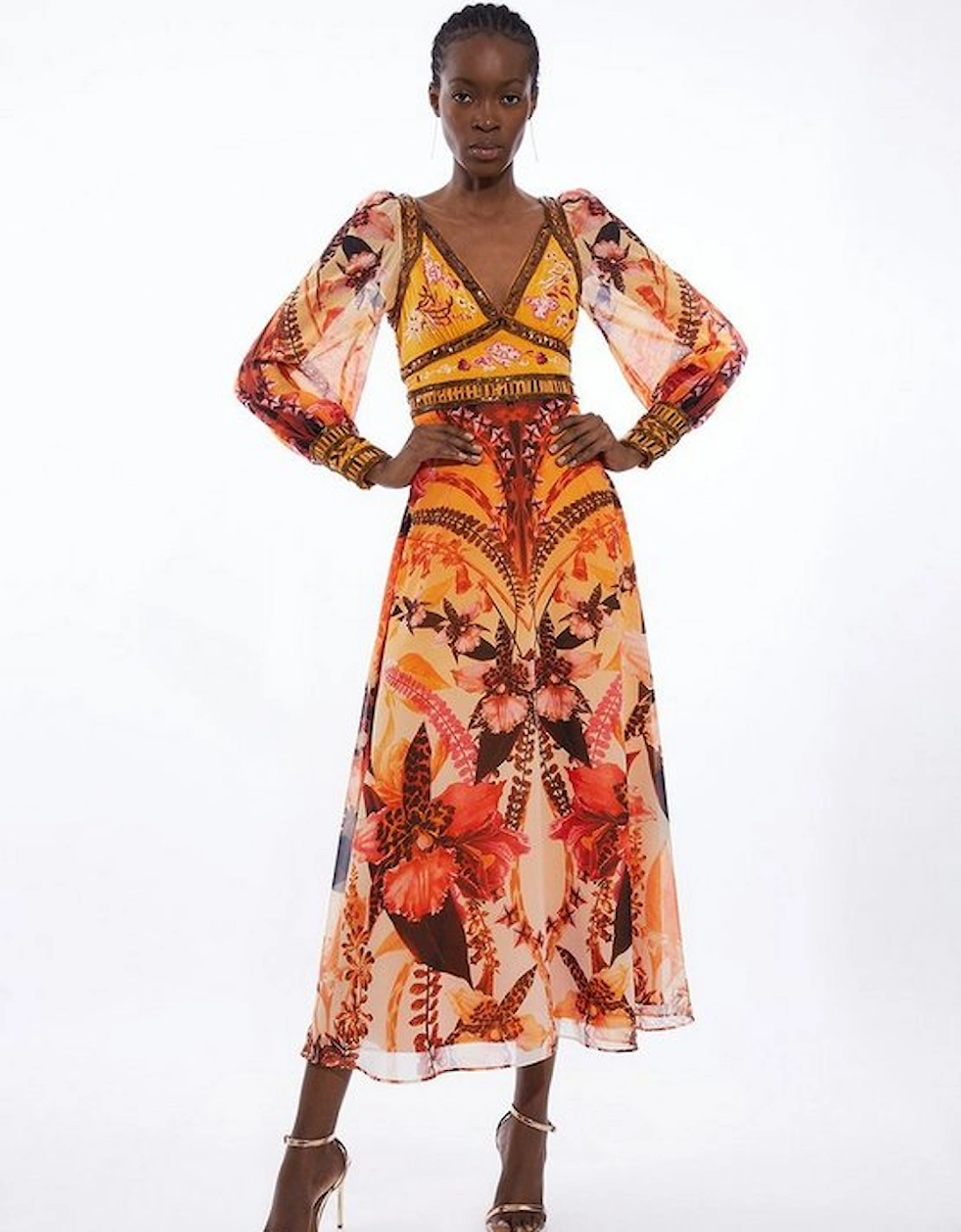 Placed Floral Embroidered And Beaded Woven Midi Dress, 5 of 4