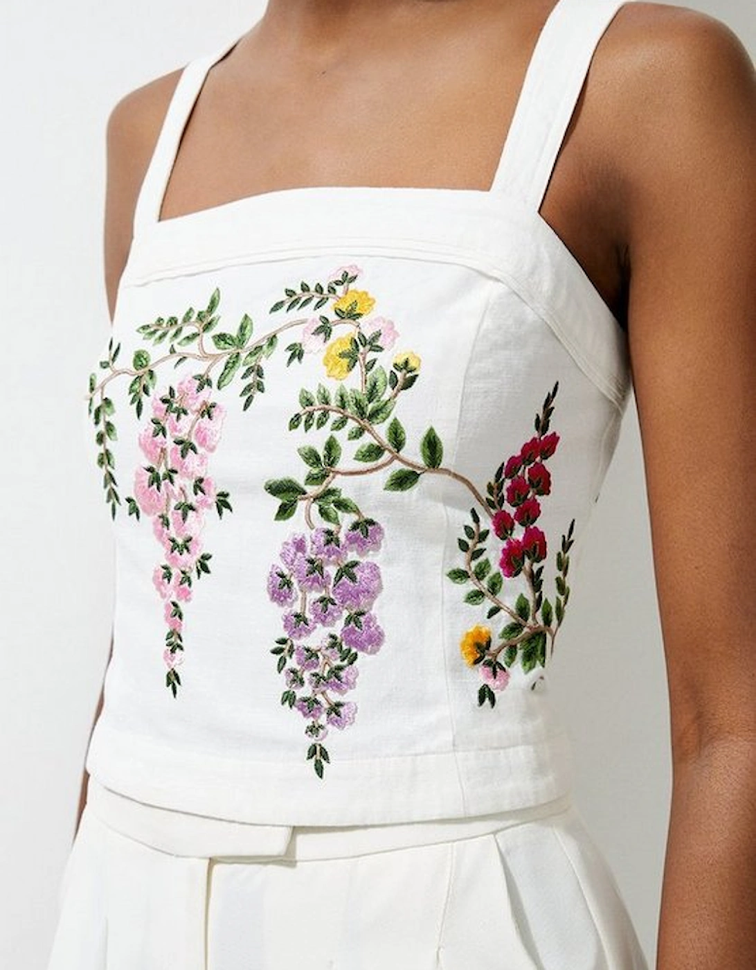 Floral Embroidered Cotton Linen Woven Strappy Top