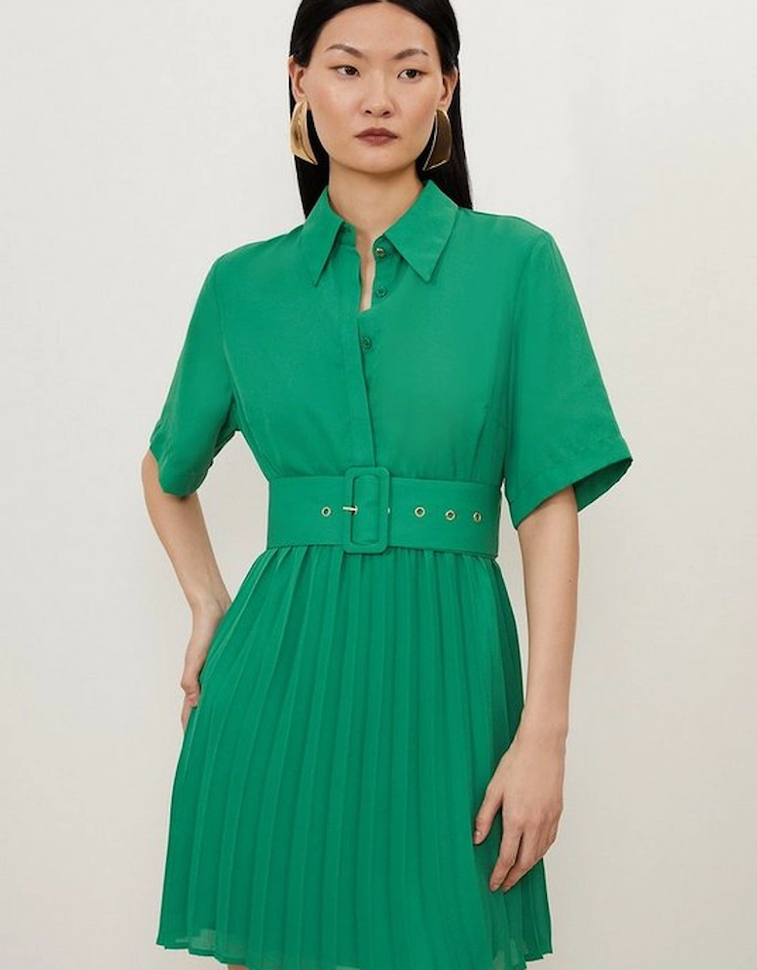 Pleated Georgette Belted Shirt Mini Dress, 5 of 4
