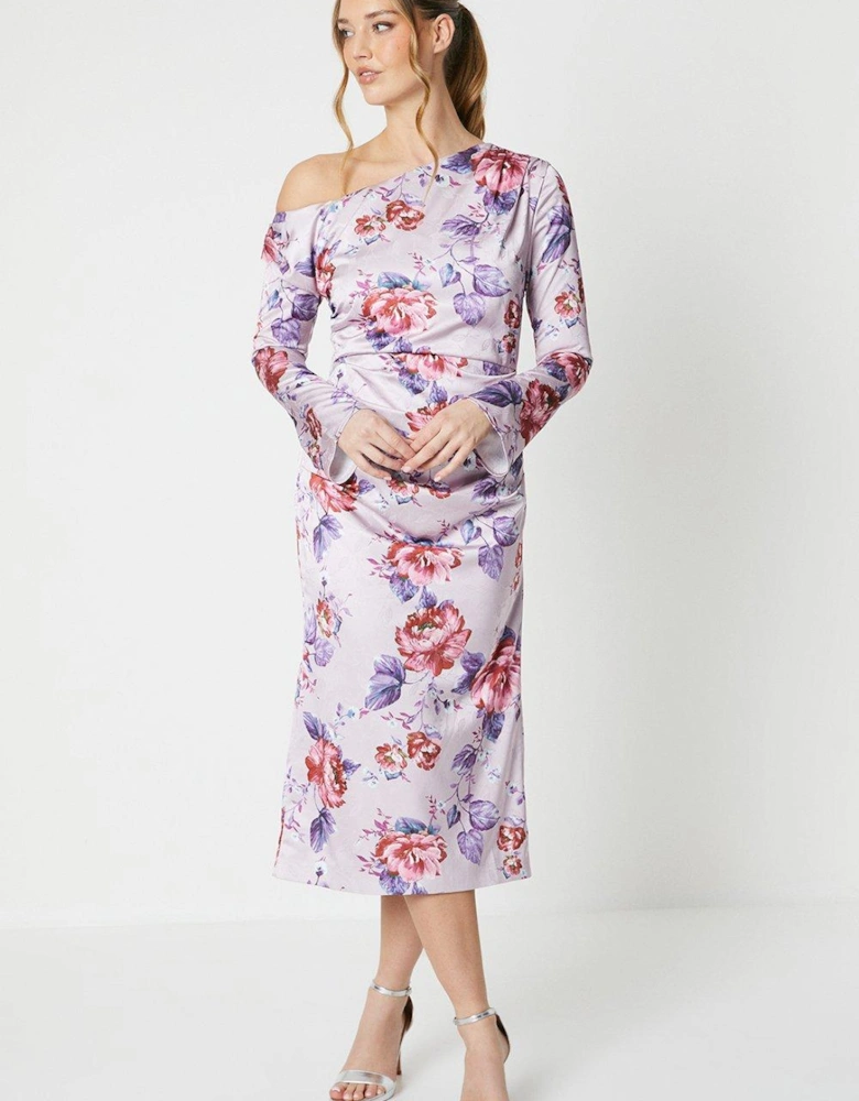 Floral Print Drape Satin Jacquard Midi Dress