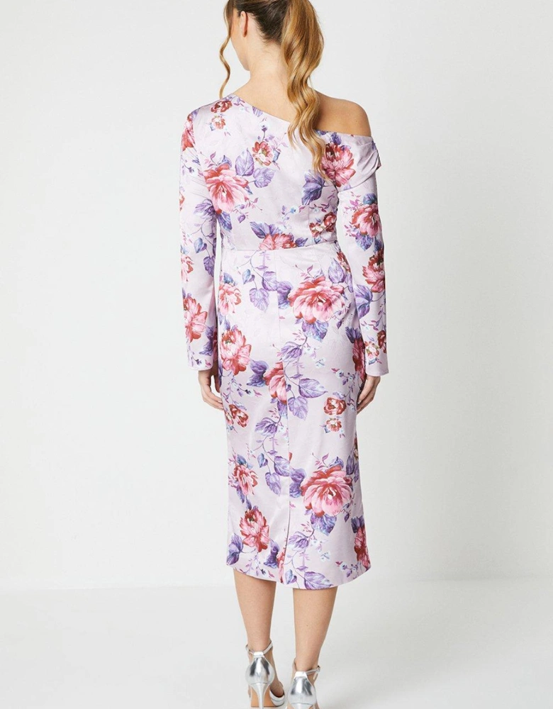Floral Print Drape Satin Jacquard Midi Dress
