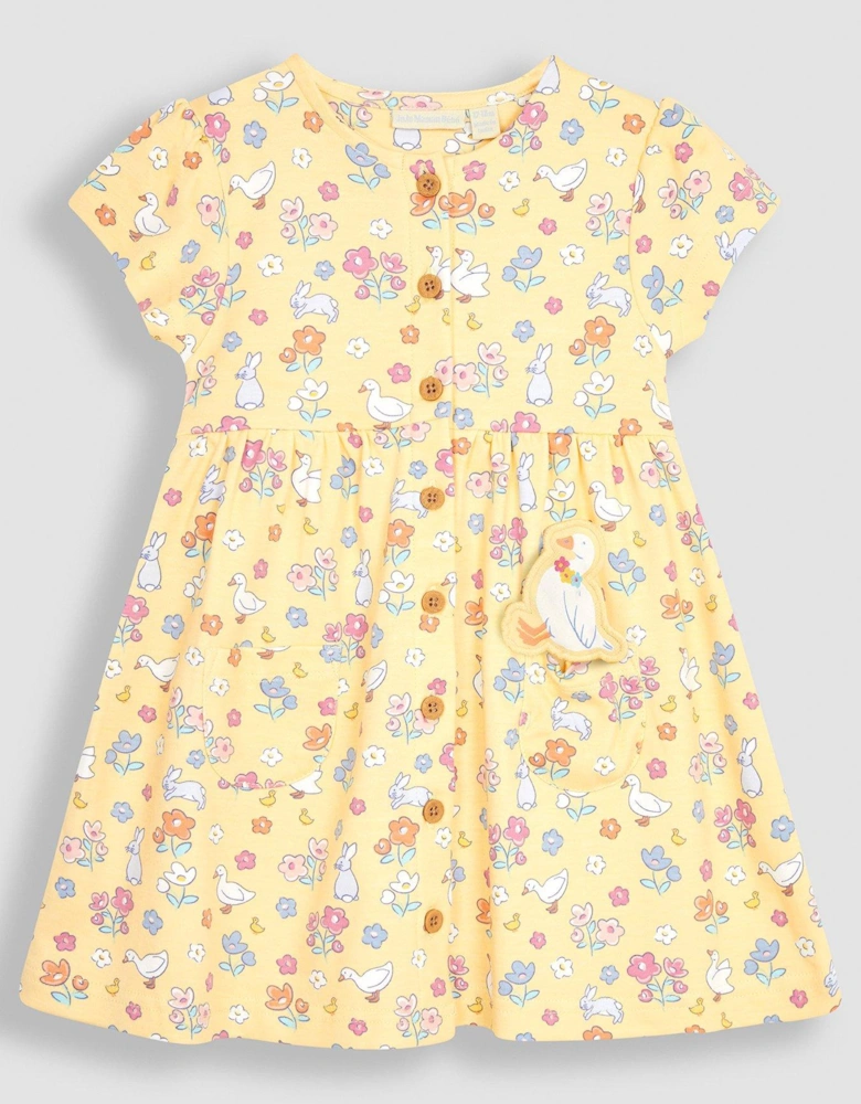 Girls Bunny & Duck Button Through Pet In Pocket Dress - Yellow