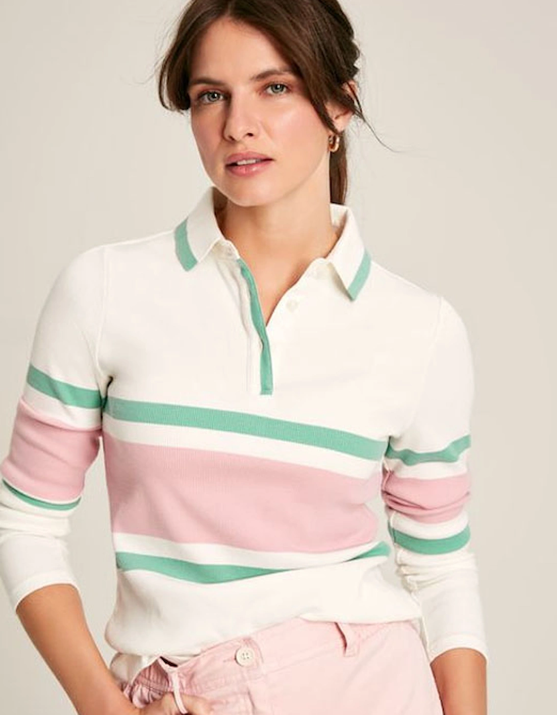 Women's Fairfield Polo Shirt Pink Cream Stripe, 9 of 8