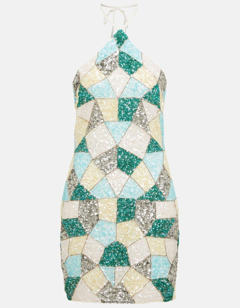Geometric Embellishment Halter Mini Dress