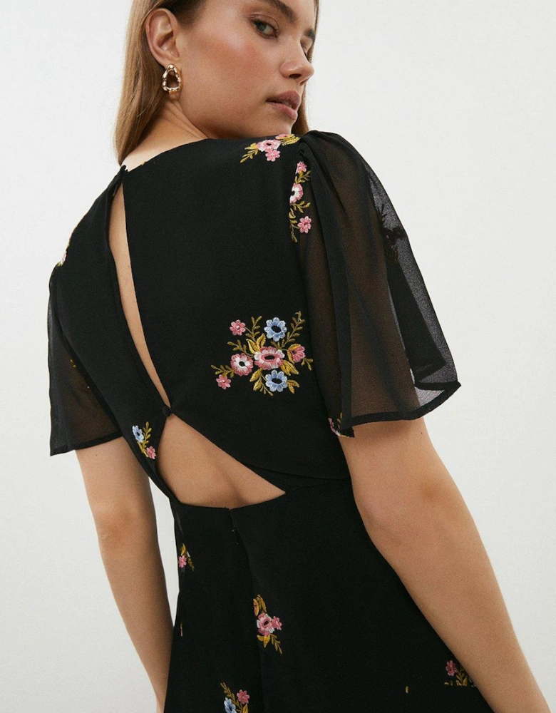 Angel Sleeve Open Back Embroidered Midi Dress