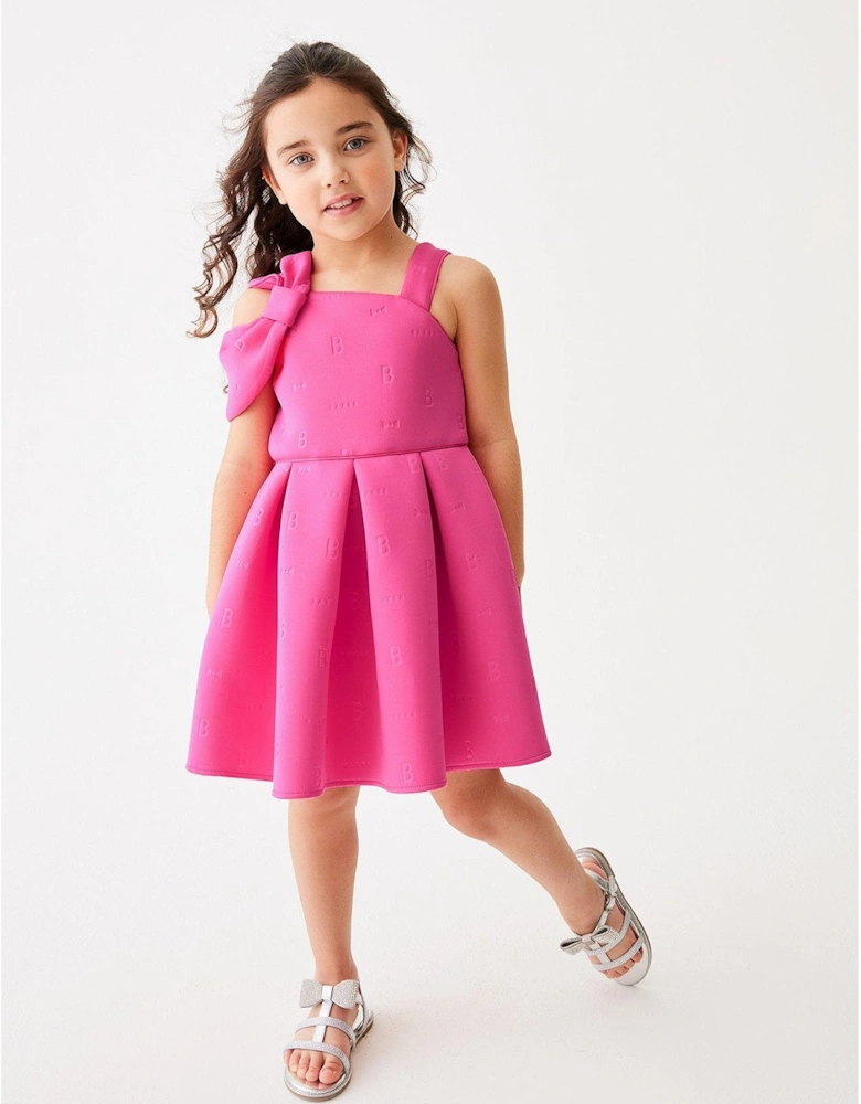 Older Girls Bow Shoulder Bright Pink Embossed Scuba Dress