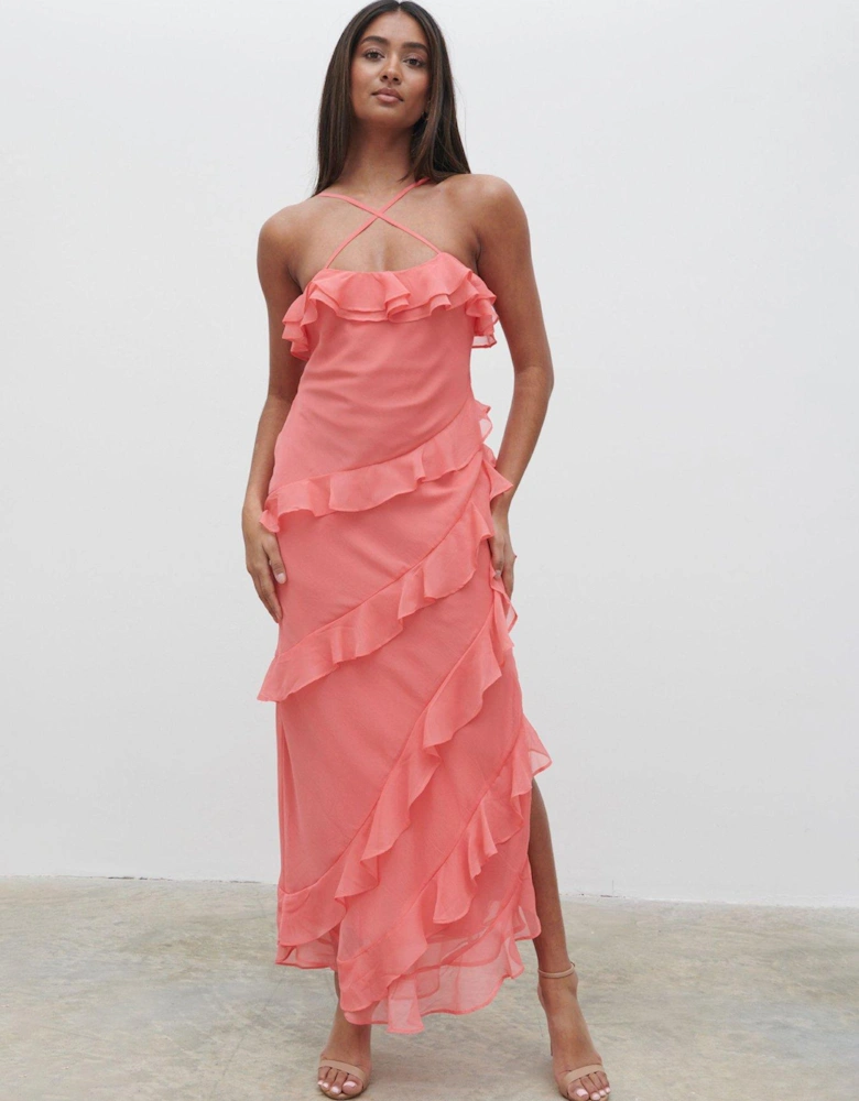 Aryana Ruffle Midaxi Dress - Coral