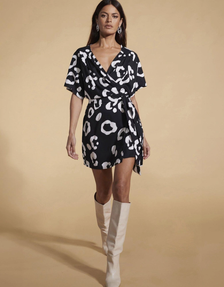 Kansas Black Leopard Mini Wrap Dress