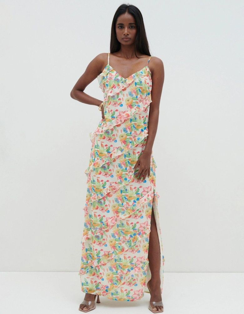 Nadine Floral Print Ruffle Maxi Dress - Tropical