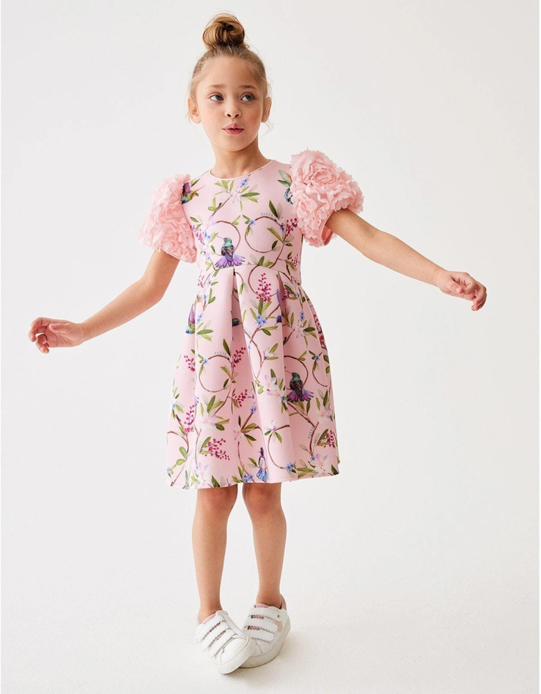 GIRLS RUFFLE SLEECE ALL OVER PRINT SCUBA DRESS