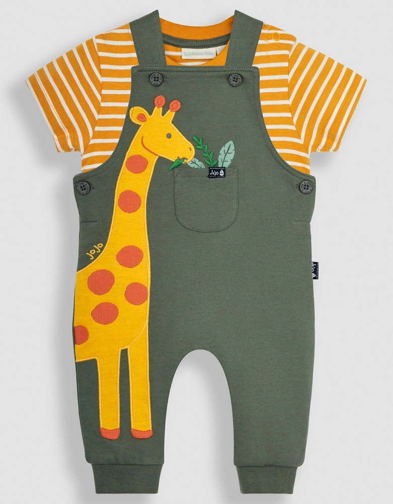 Boys 2-piece Giraffe Applique Dungarees & T-Shirt Set - Green