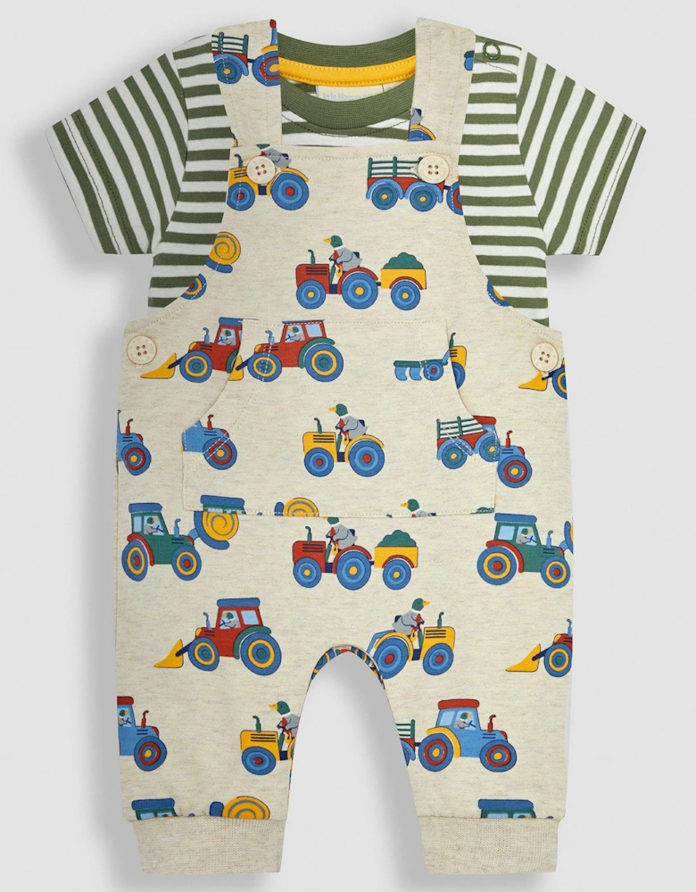 Boys 2-Piece Farm Vehicles Dungarees & T-Shirt Set - Beige