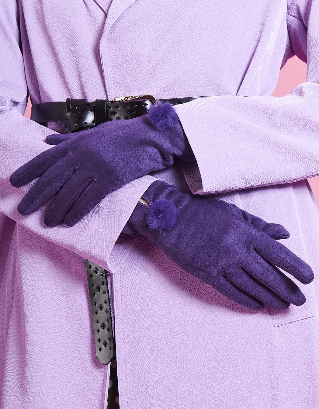 Purple Faux Suede Gloves With Faux Fur Pom