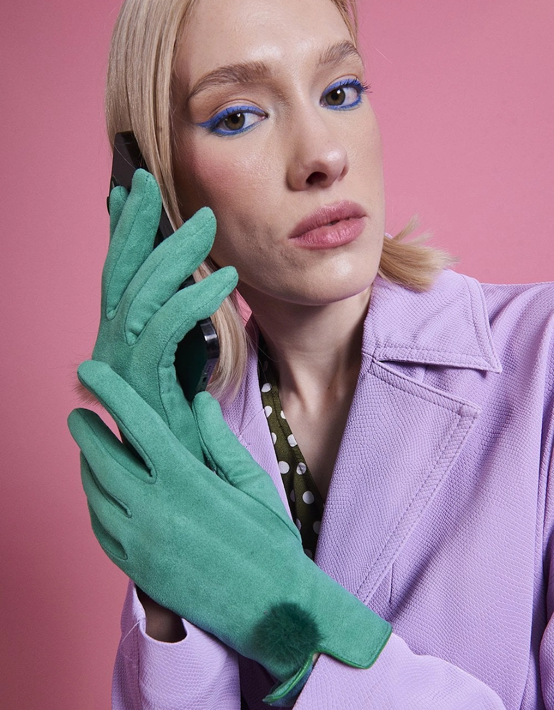 Green Faux Suede Gloves With Faux Fur Pom