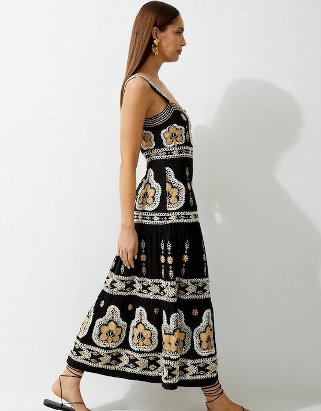 Linen Corded Embroidered Strappy Woven Maxi Dress