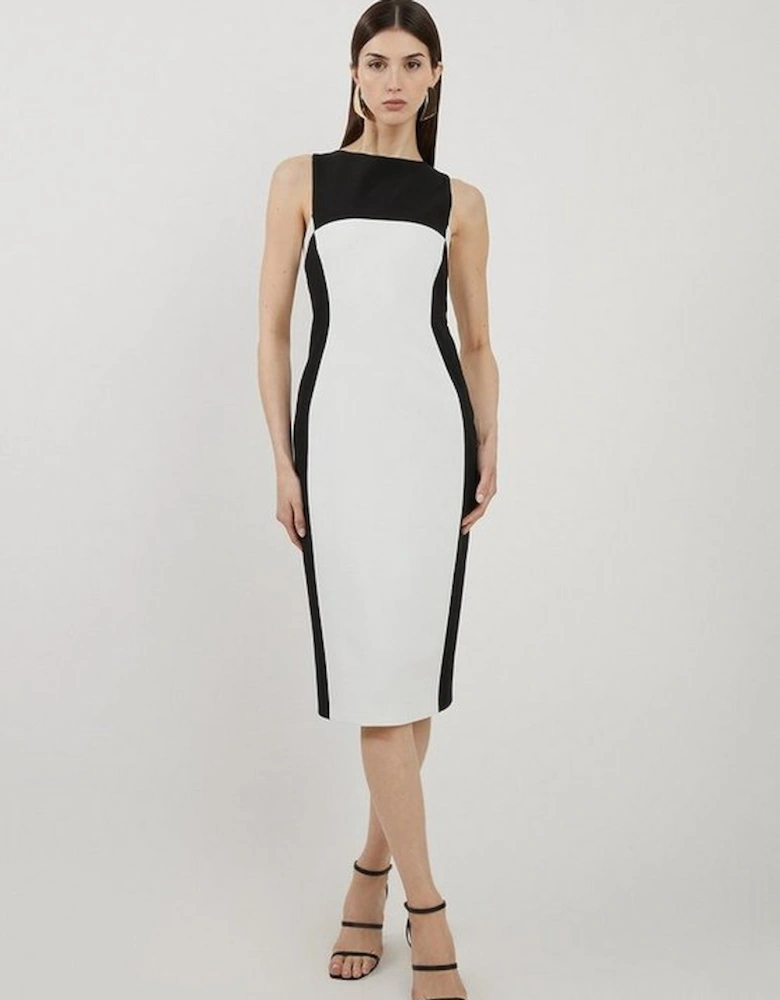 Compact Stretch Colour Block Panelled Tailored Midi Dress