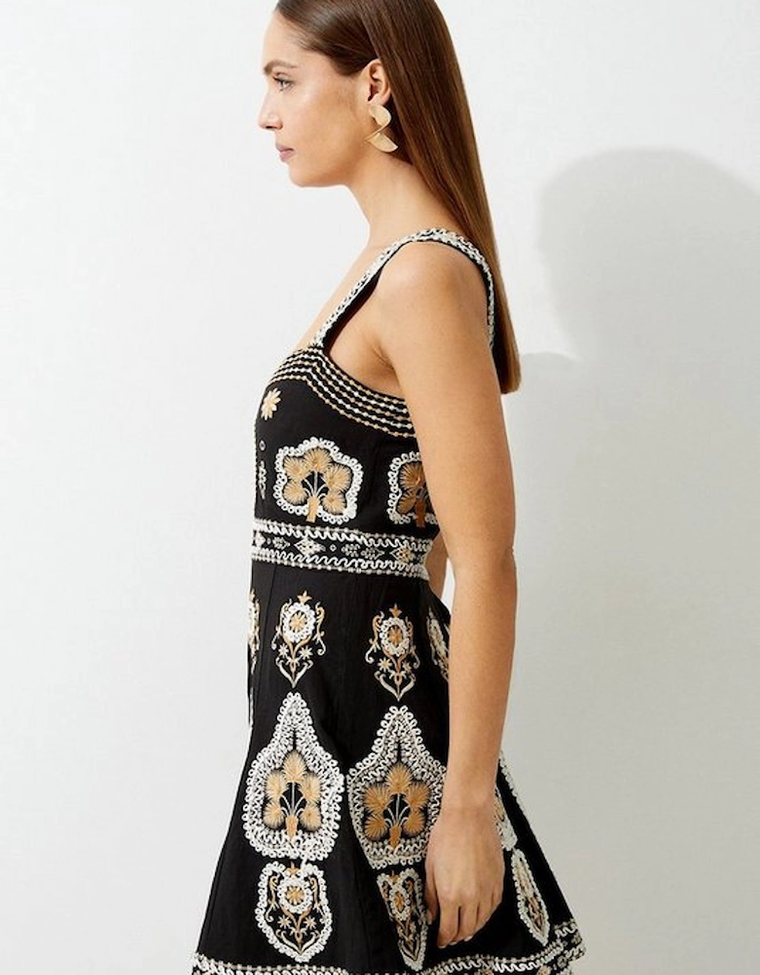 Linen Corded Embroidered Strappy Woven Mini Dress