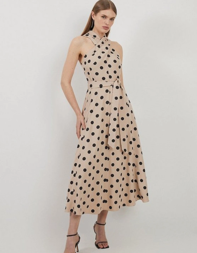 Polka Dot Premium Linen Tailored Halterneck Full Skirted Midi Dress