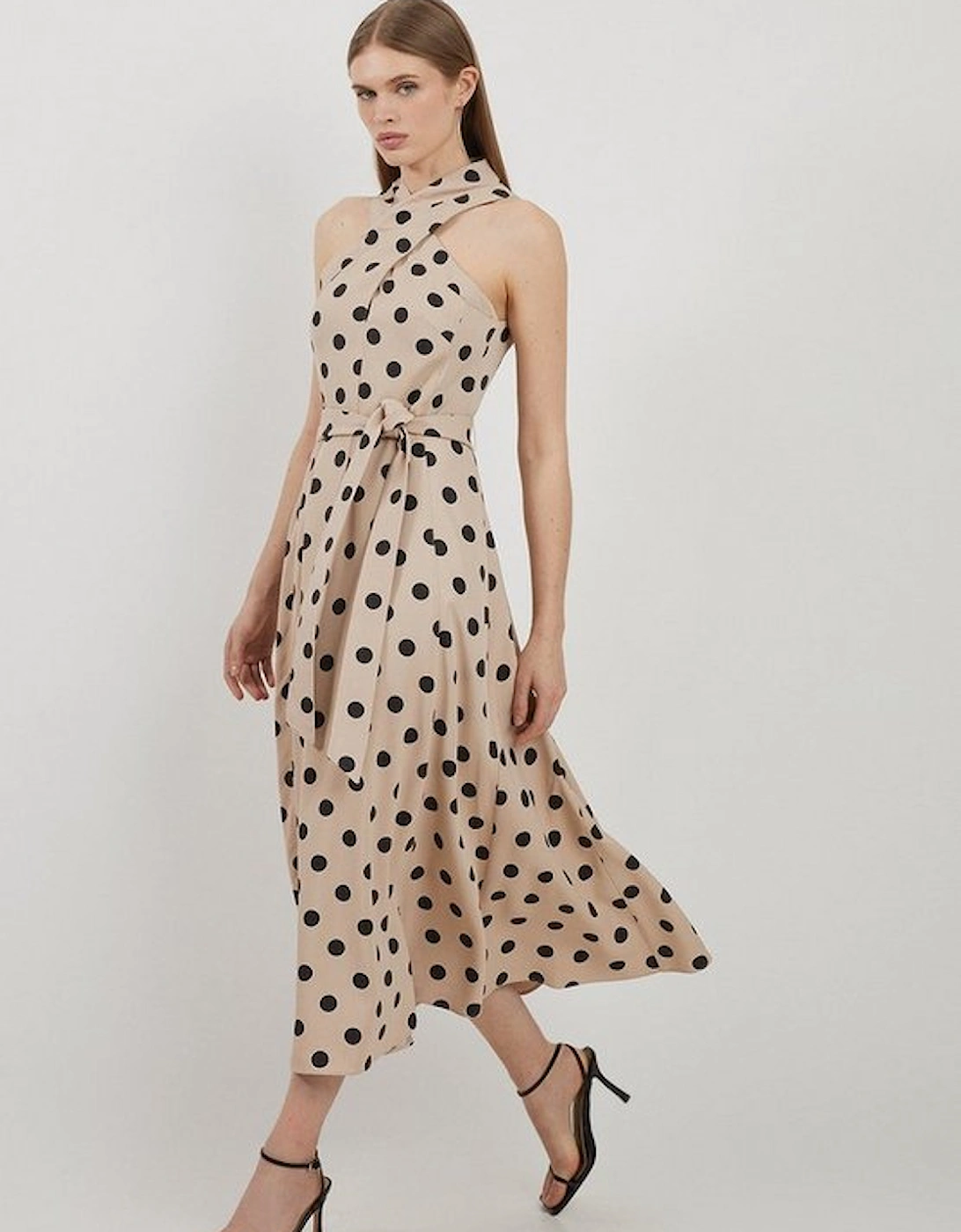 Polka Dot Premium Linen Tailored Halterneck Full Skirted Midi Dress, 4 of 3
