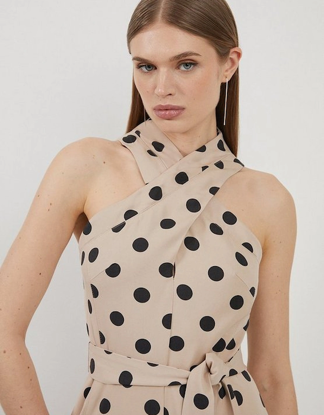 Polka Dot Premium Linen Tailored Halterneck Full Skirted Midi Dress