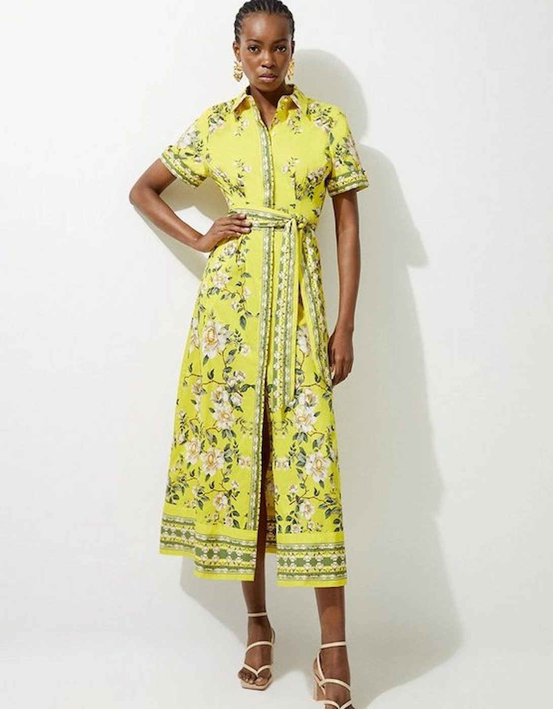 Cotton Sateen Floral Placed Print Woven Midi Shirt Dress, 5 of 4