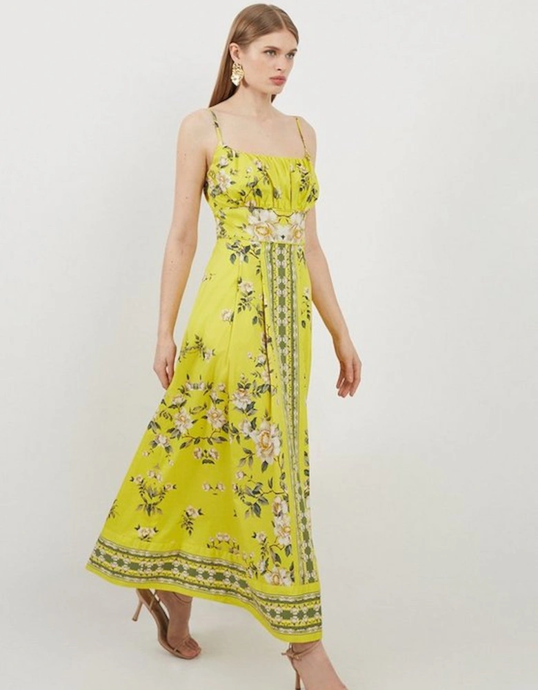 Cotton Sateen Floral Placed Print Woven Strappy Midi Dress