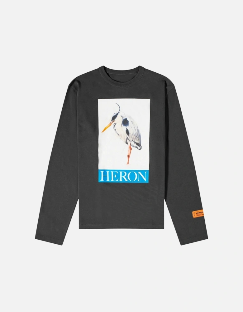 Boxed Painted Heron Bird Logo Long Sleeved Black T-Shirt