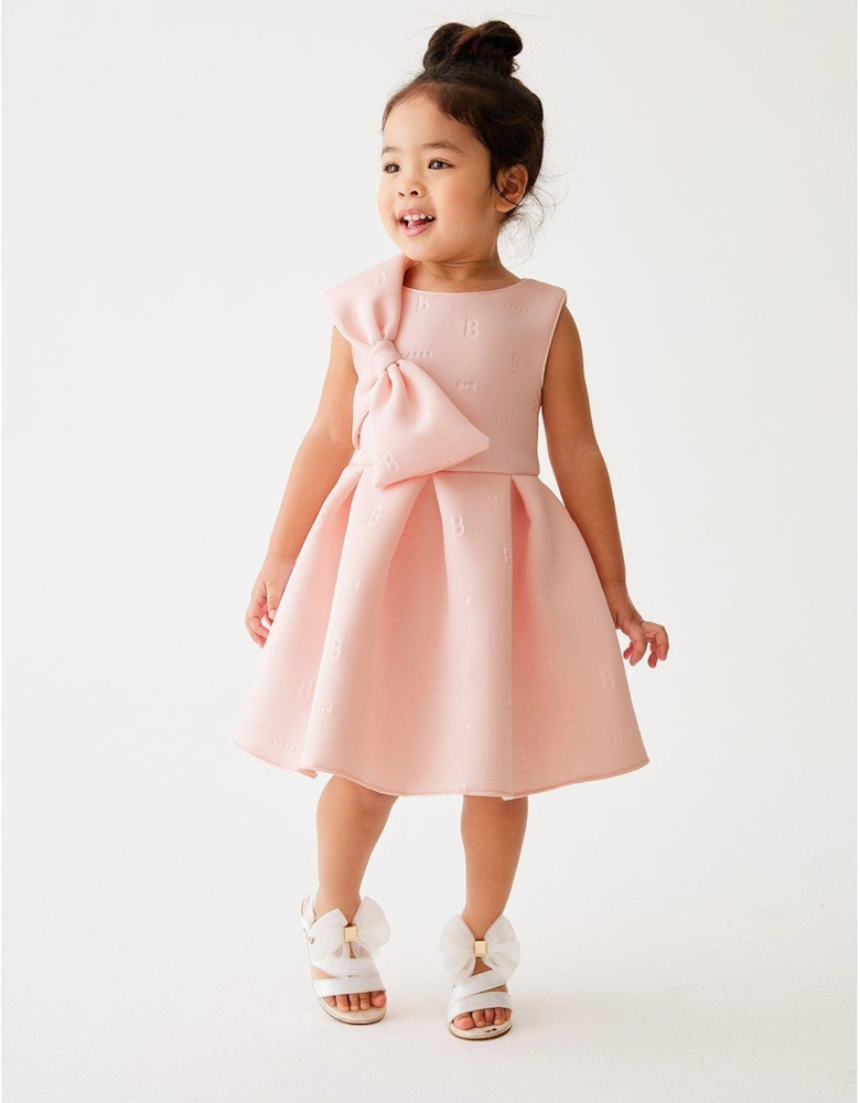 Younger Girls Shoulder Bow Scuba Dress - Pink
