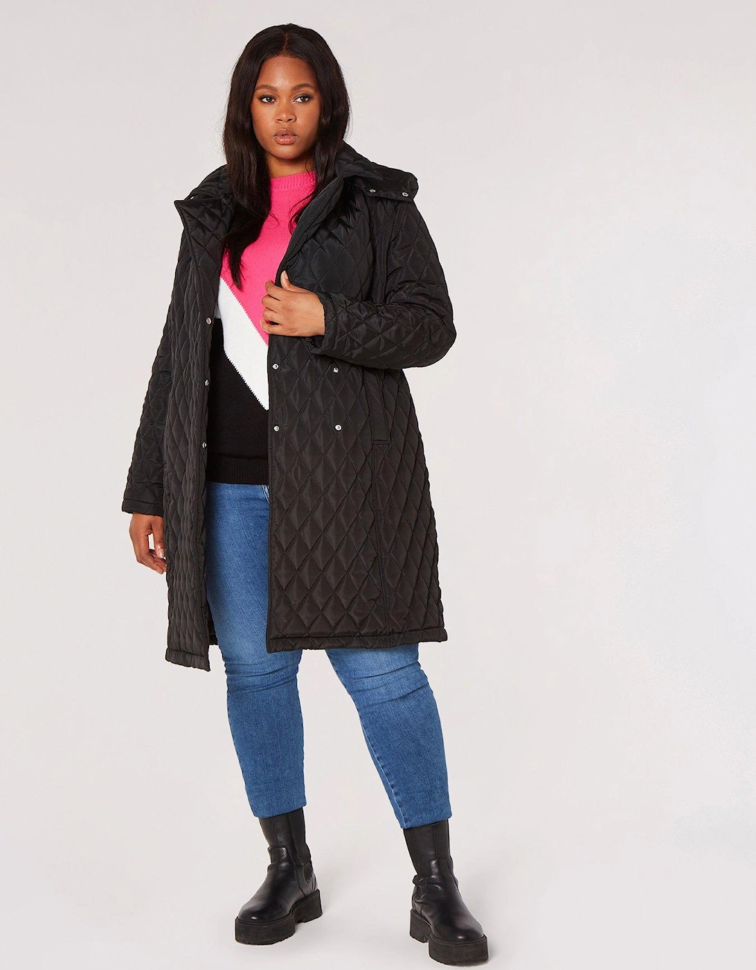 Curve Quilted Tie Waist Hooded Parka