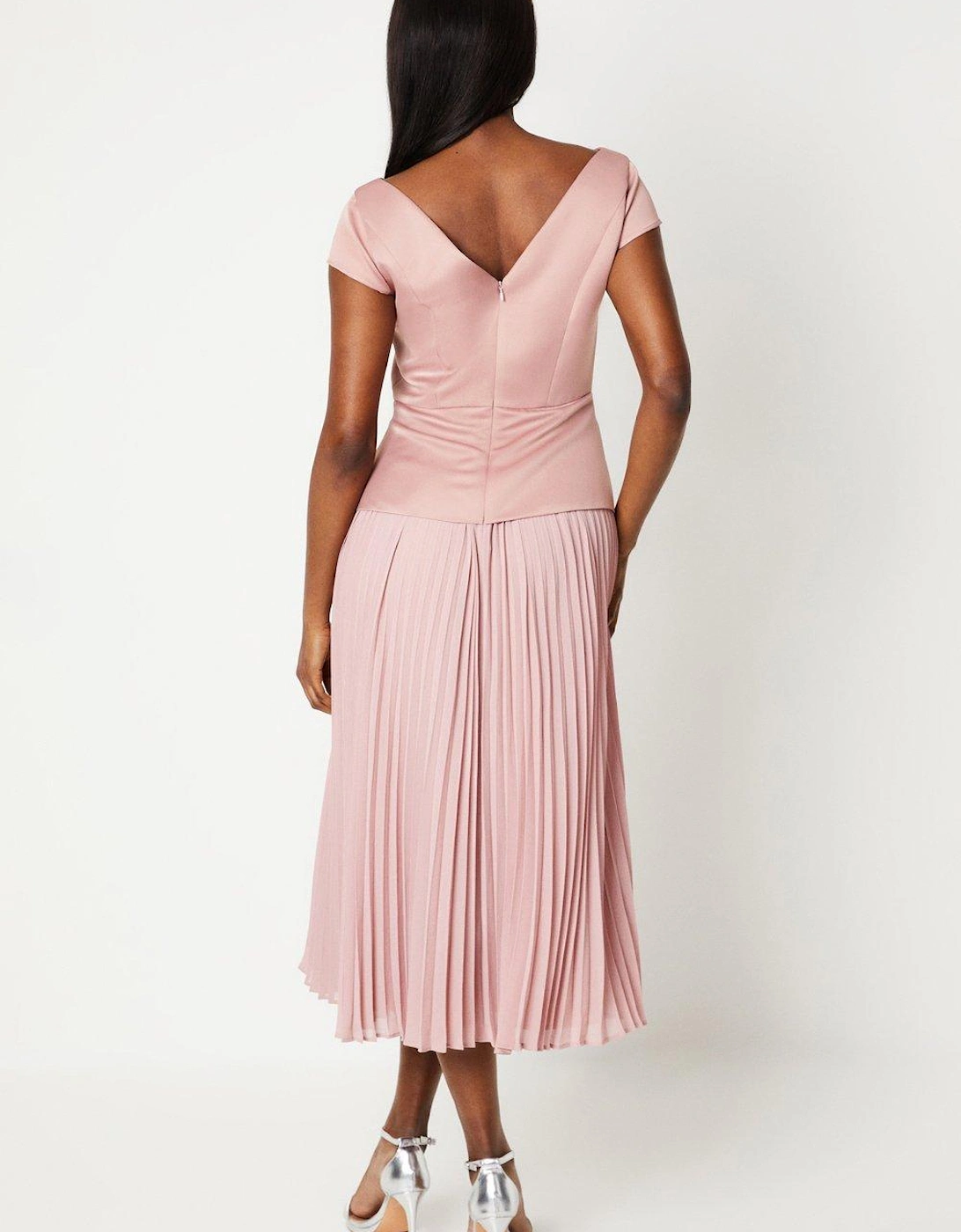 Pleated Skirt Overlay Bodice Midi Dress