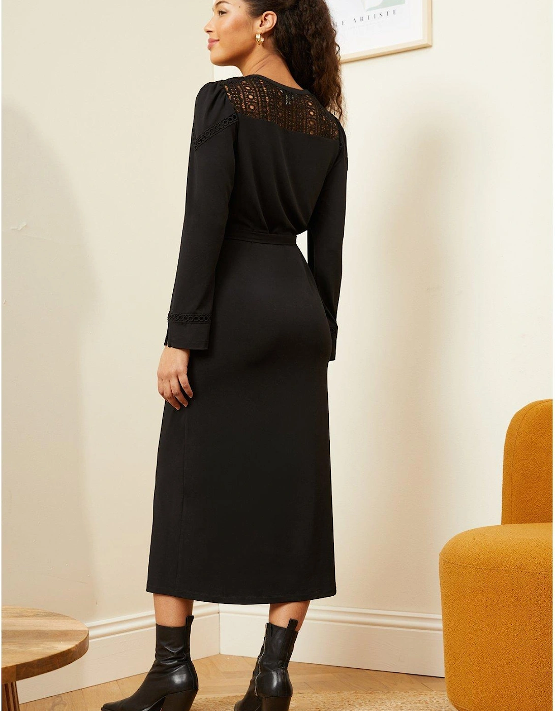 Lace Yoke Jersey Shirt Dress - Black