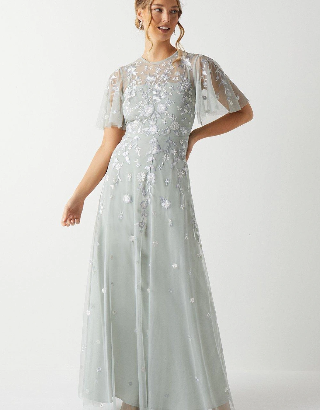 Embroidered Angel Sleeve Bridesmaids Maxi Dress