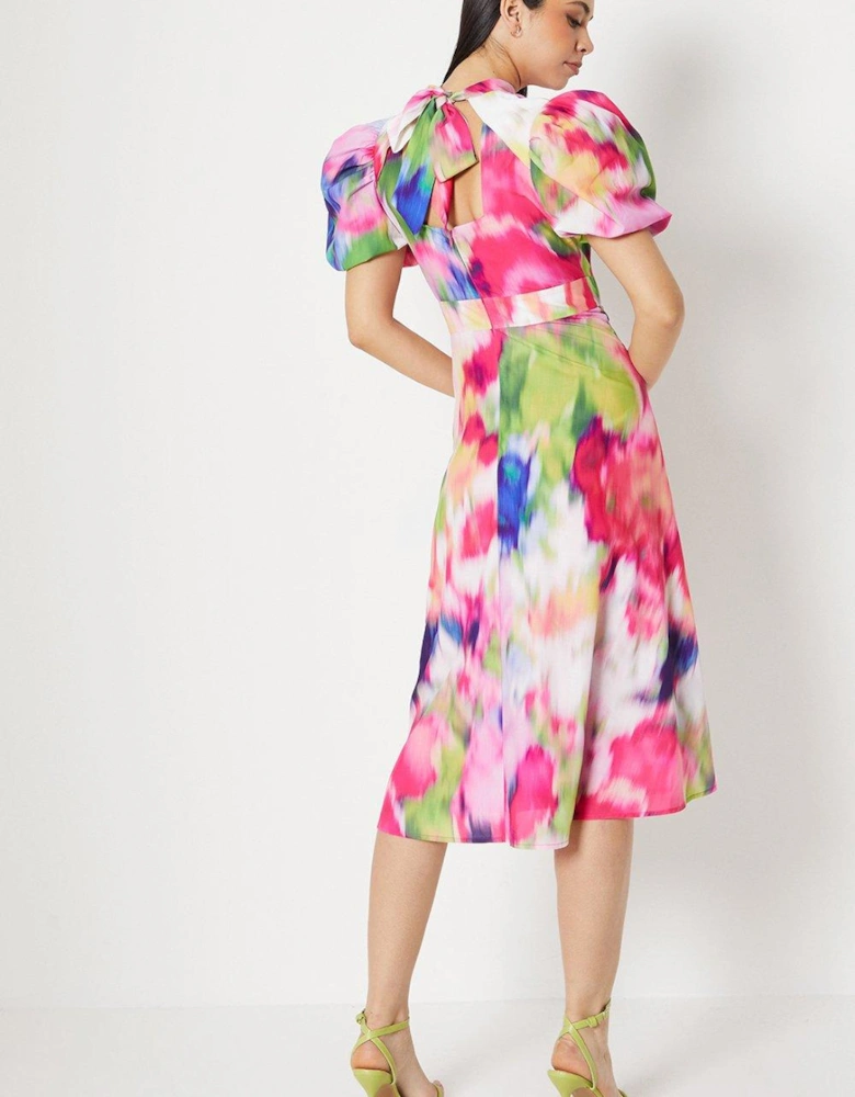 Blurred Floral Puff Sleeve Midi Dress