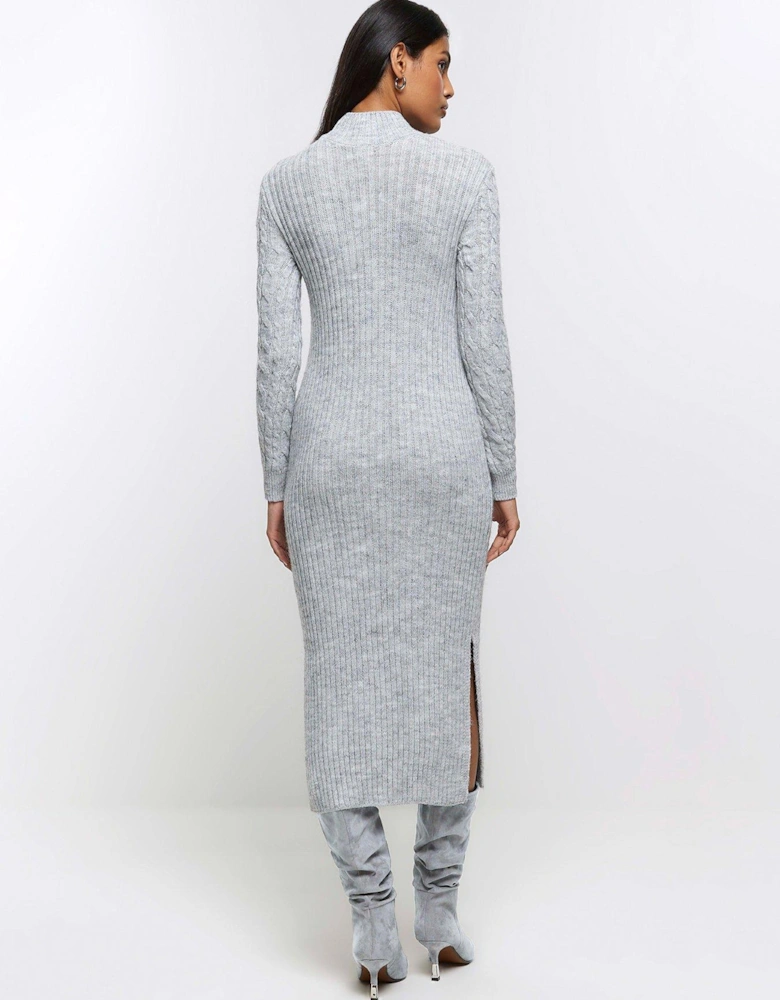 Cable Knit Mix Dress - Light Grey