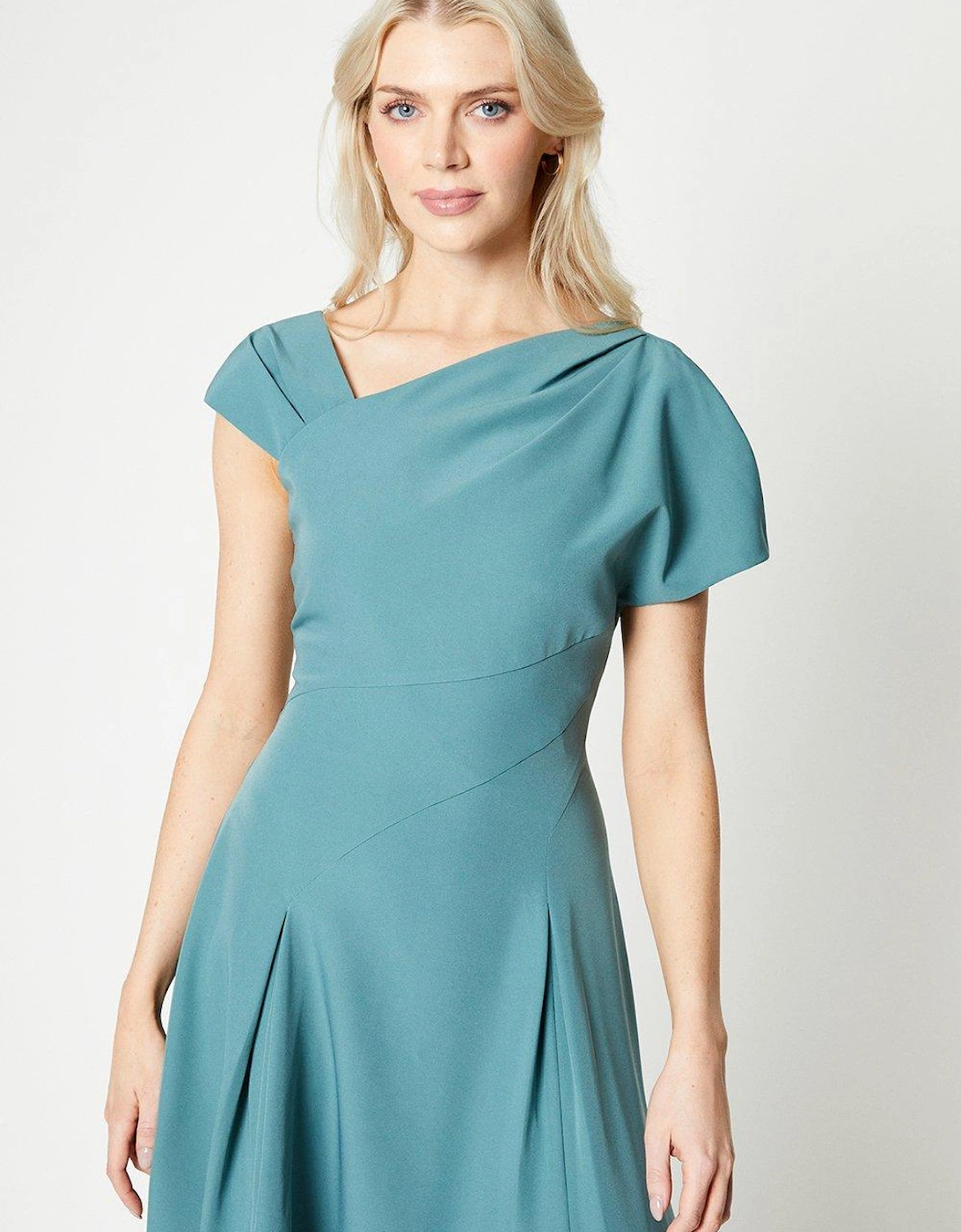 Asymmetric Neckline Panelled Skirt Midi Dress