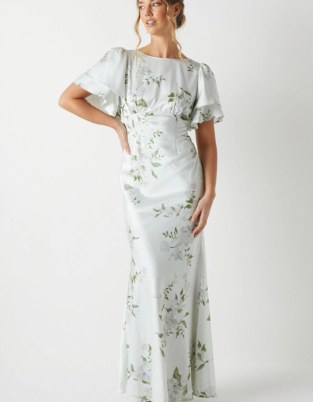 Dahlia Printed Angel Sleeve Satin Bridesmaids Dress