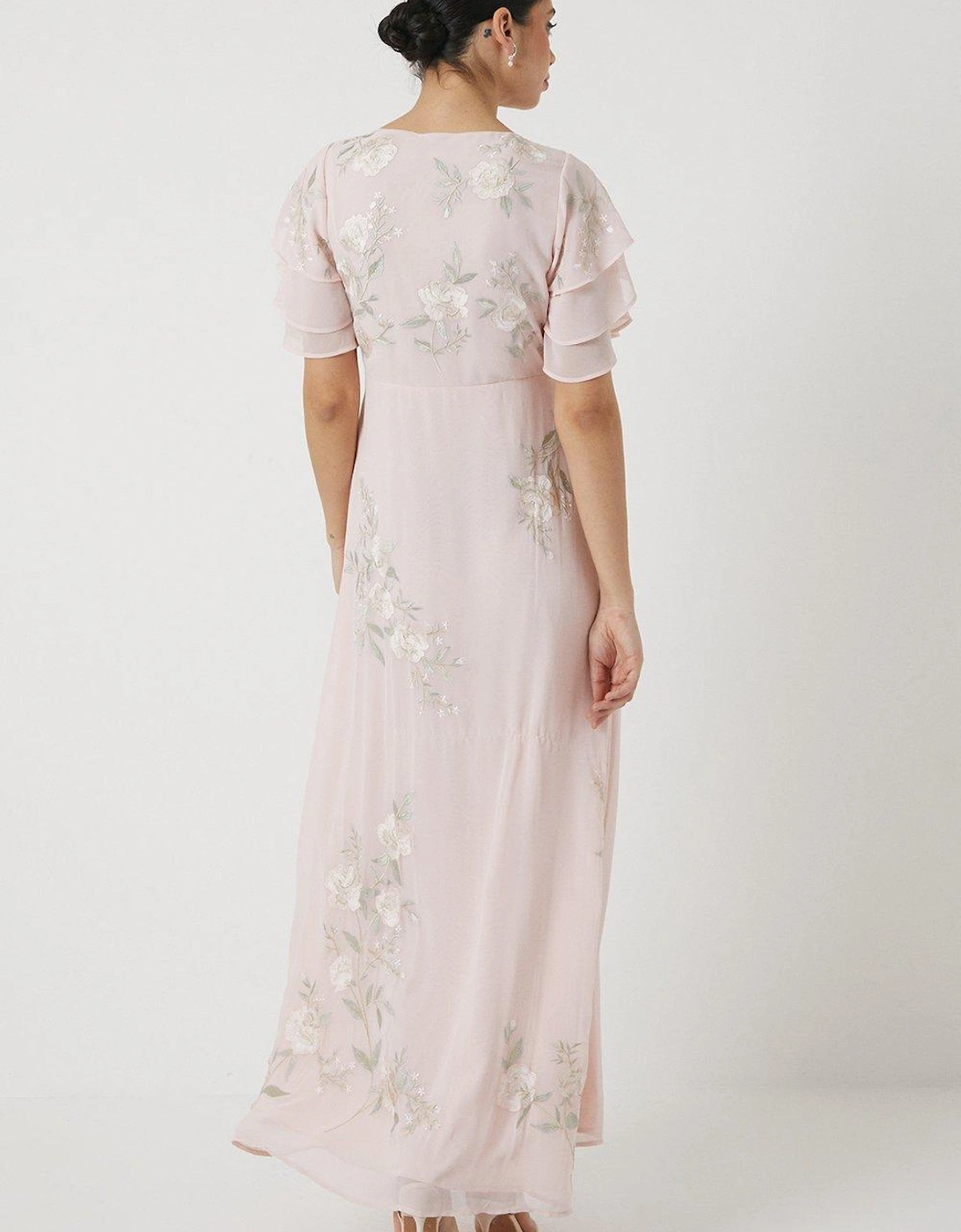 Rose Embroidered Flutter Sleeve Wrap Bridesmaids Maxi Dress