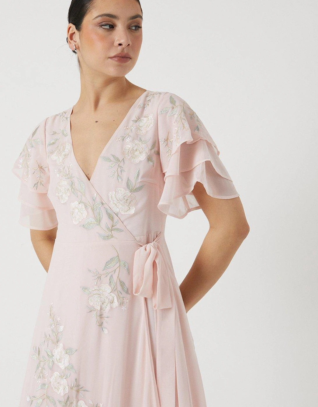 Rose Embroidered Flutter Sleeve Wrap Bridesmaids Maxi Dress