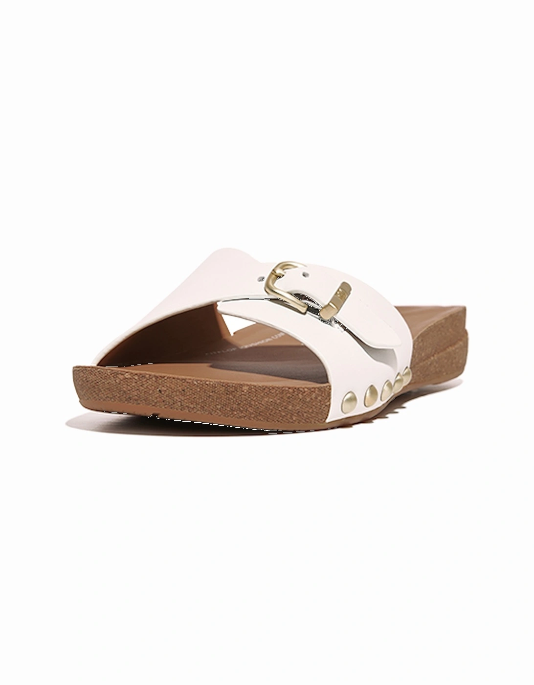 Women's Iqushion Adjustable Buckle Leather Slides Urban White