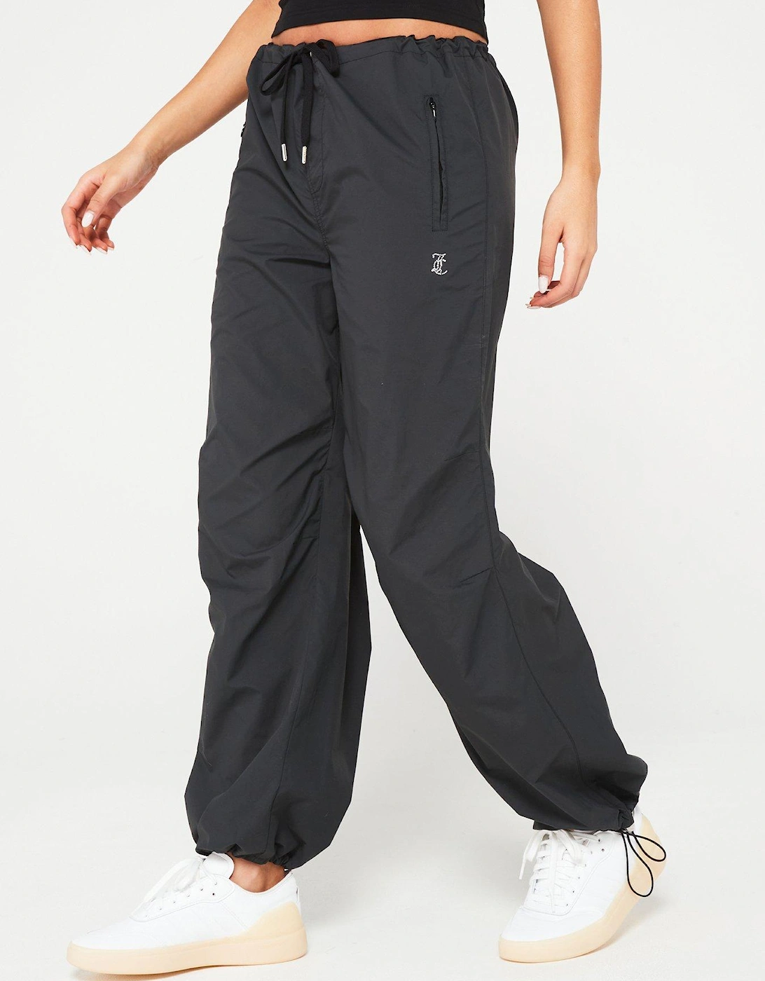 Ayla Nylon Parachute Pants With Juicy Diamante Logo - Black