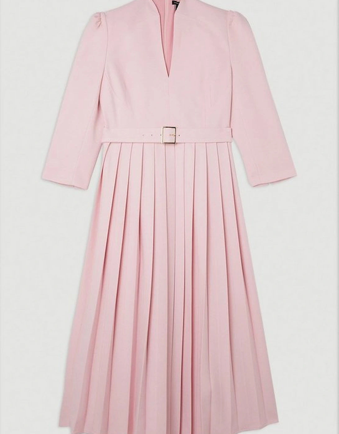 Tailored Structured Crepe High Neck Pleated Midi Dress