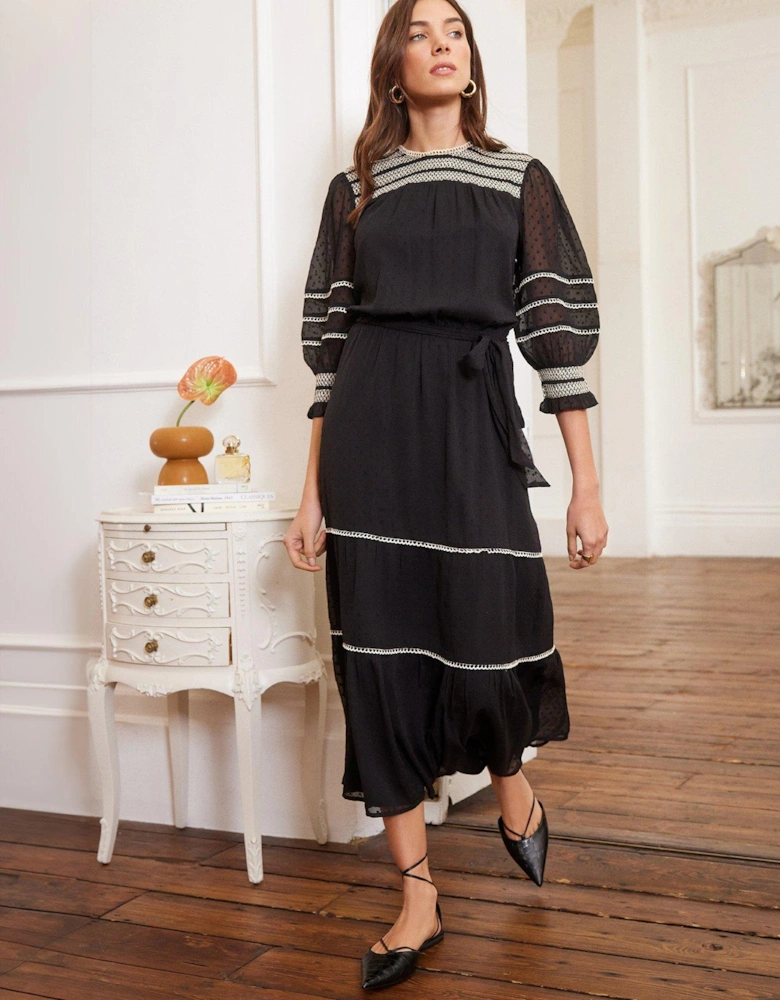 Contrast Stitch Tiered Midi Dress - Black