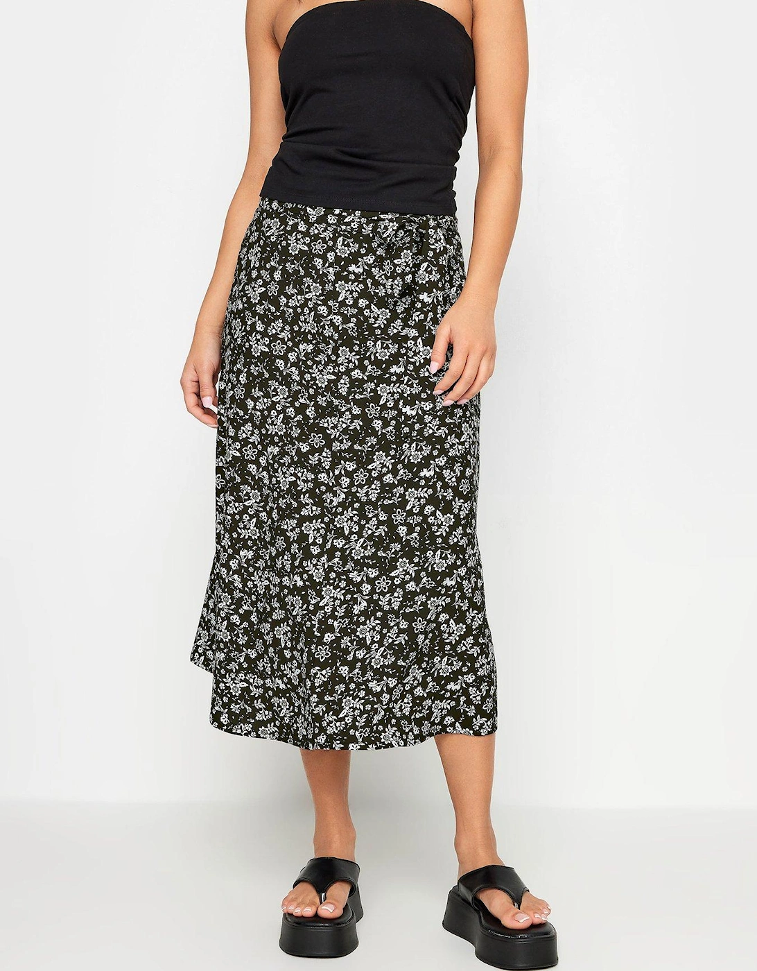 Petite Black Ditsy Belted Midi Skirt, 2 of 1