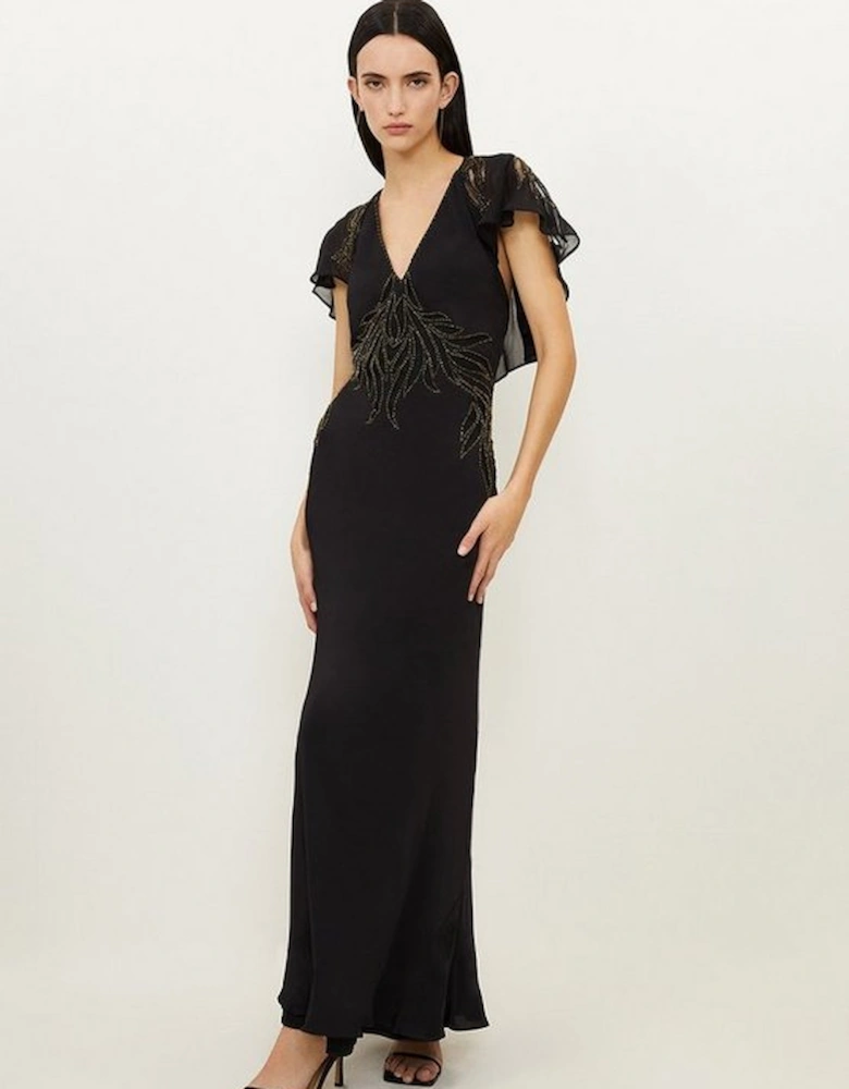 Embellished Applique Georgette Satin Woven Maxi Dress