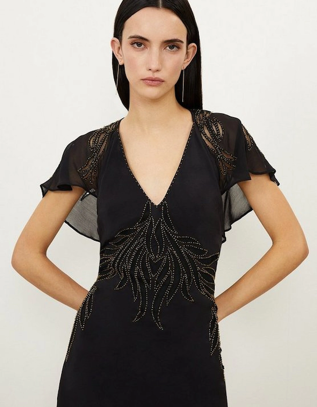 Embellished Applique Georgette Satin Woven Maxi Dress