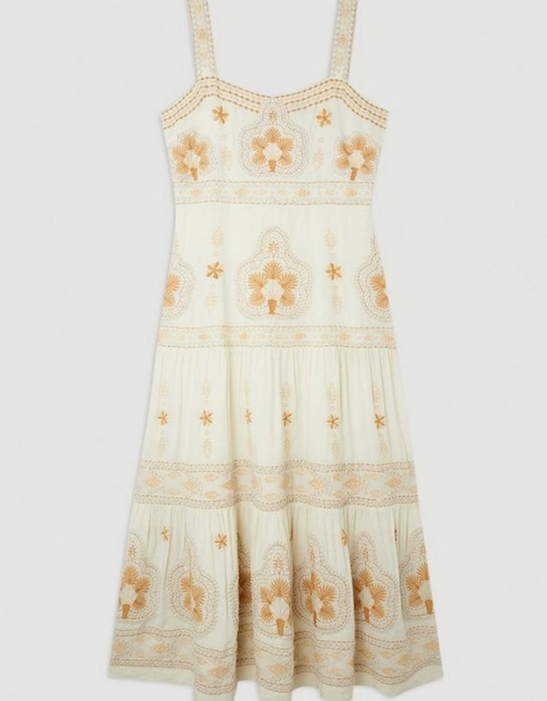 Linen Corded Embroidered Strappy Woven Maxi Dress